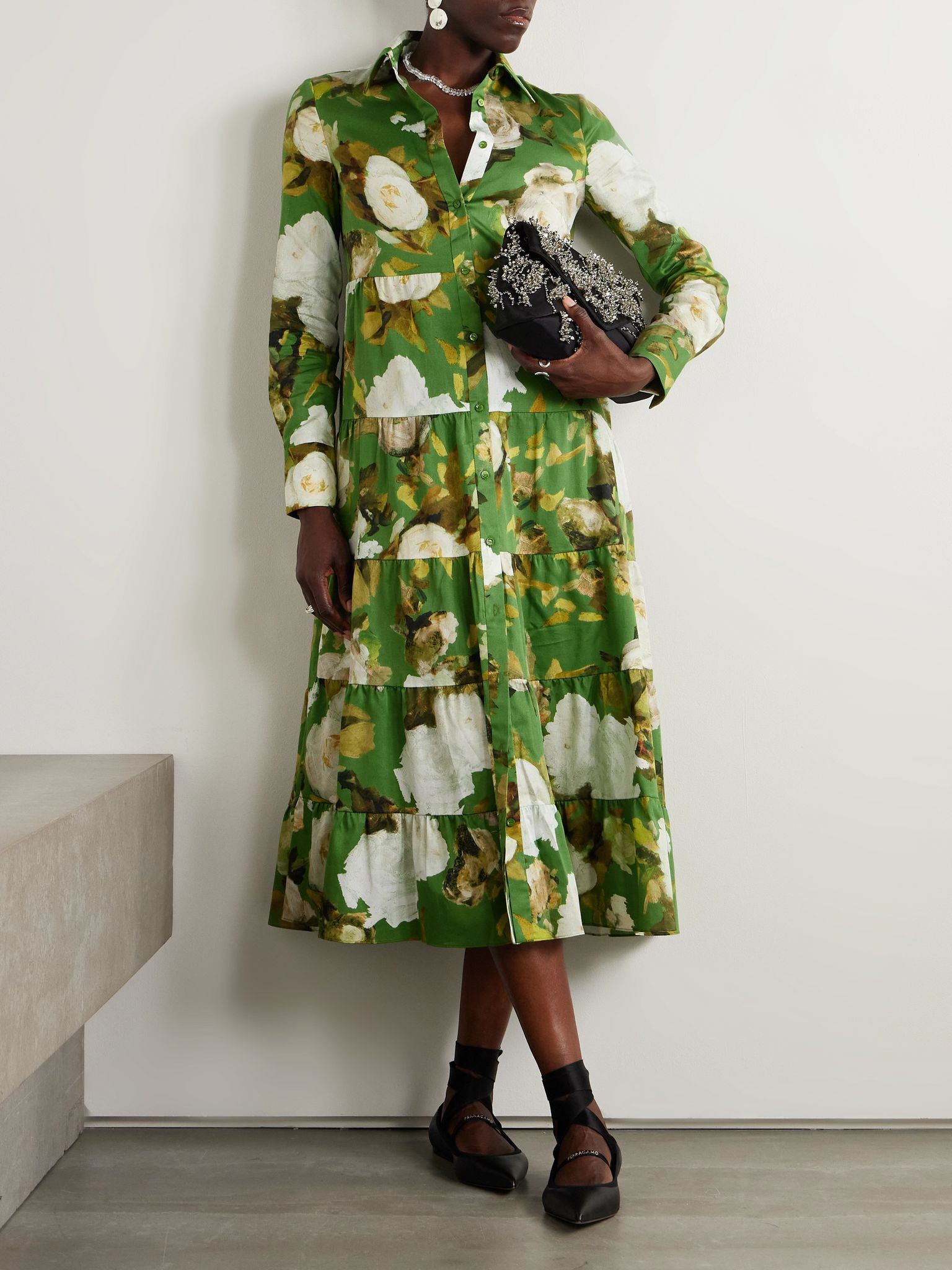 Tiered floral-print cotton-voile midi shirt dress Green - 2