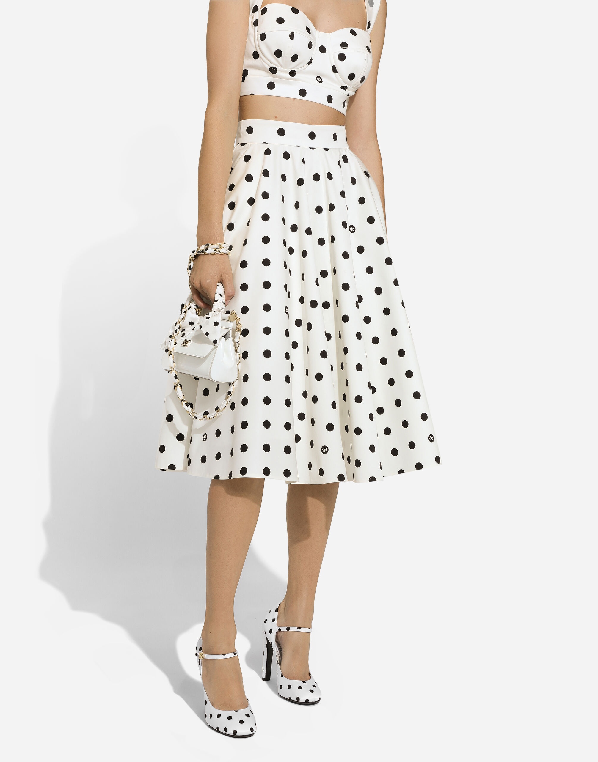 Cotton drill calf-length circle skirt with polka-dot print - 6