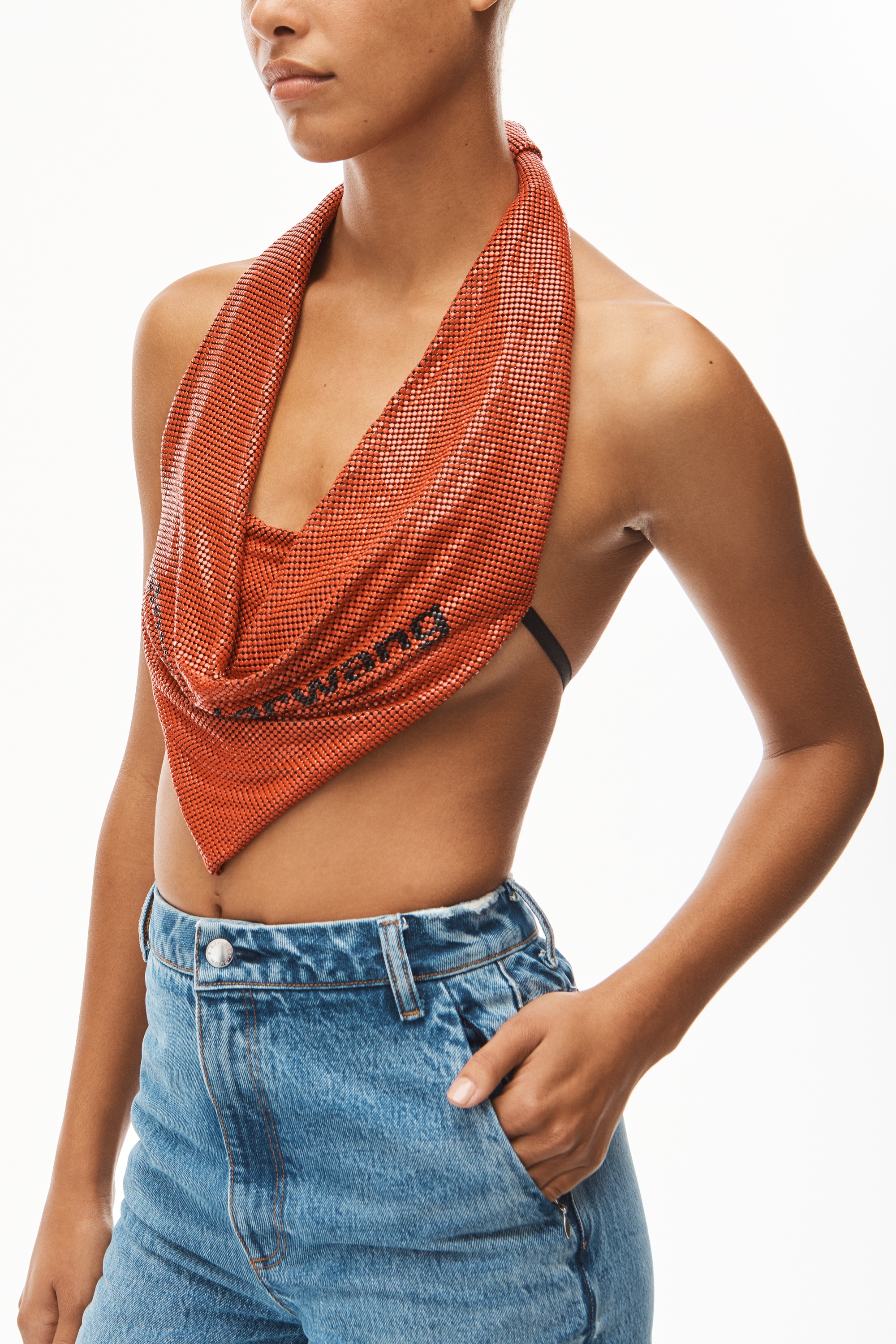 COWL CROP HALTER TOP IN METAL CHAINMAIL - 3