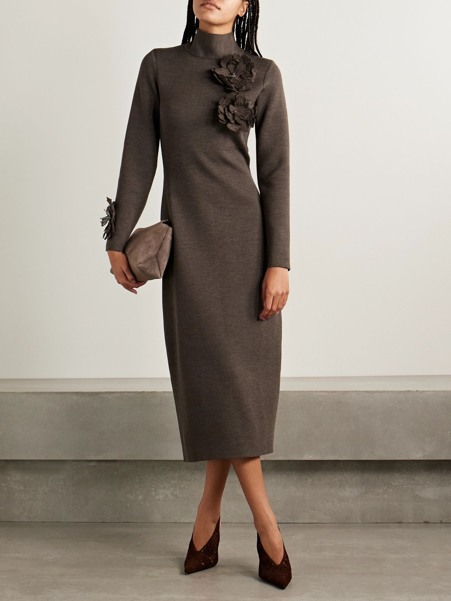 Embellished wool-blend turtleneck midi dress Dark brown - 2