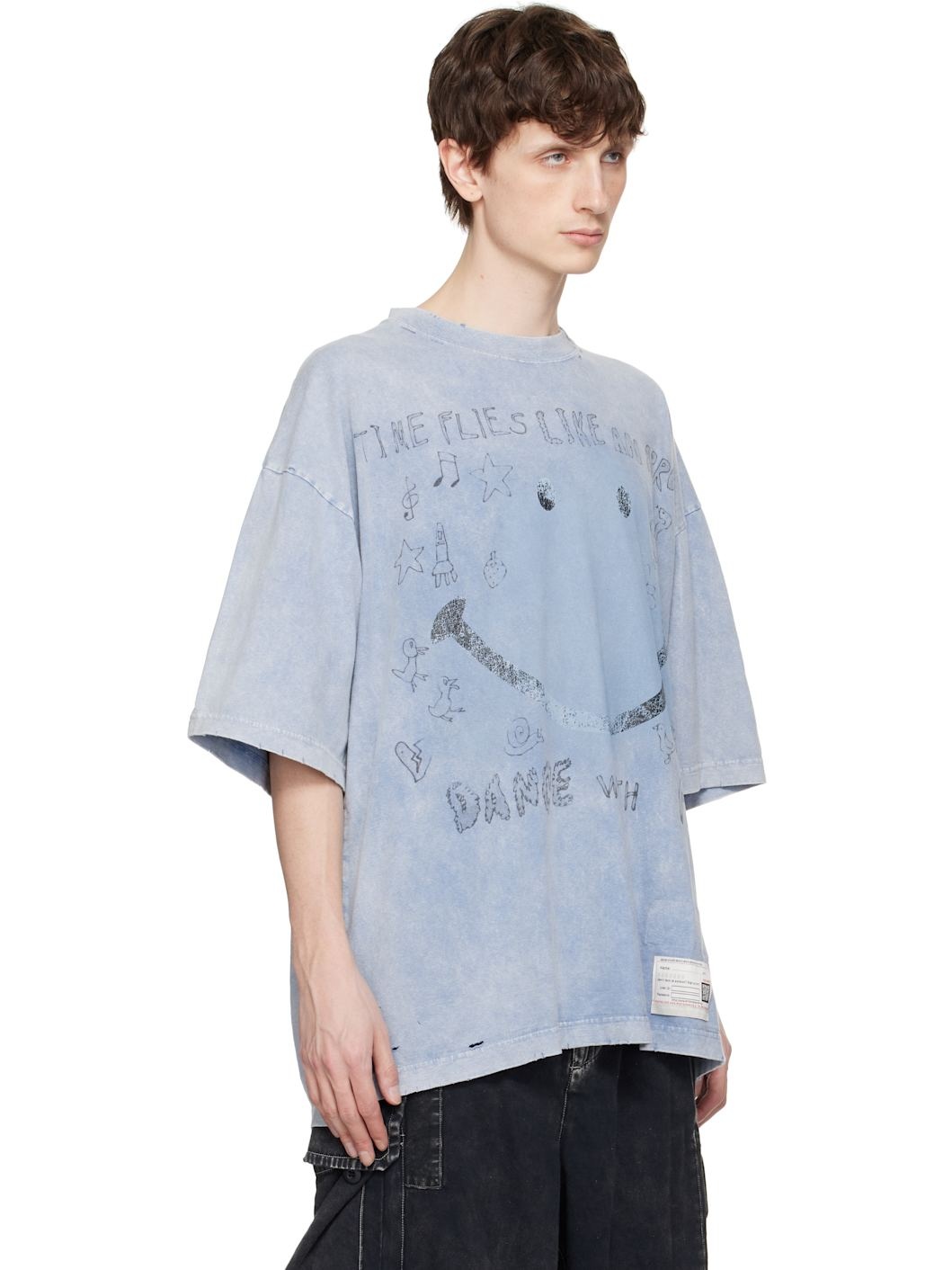 Blue Bleached Smily Face Print T-shirt - 2