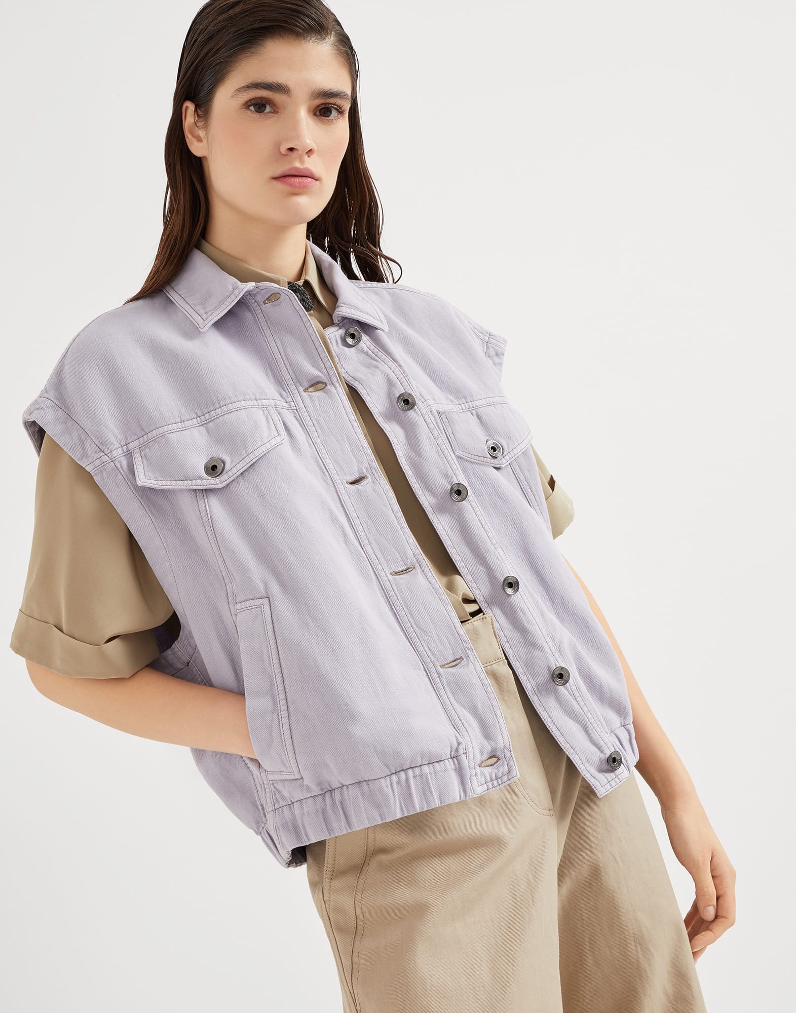 Garment-dyed cotton and linen cover four-pocket vest with monili - 4