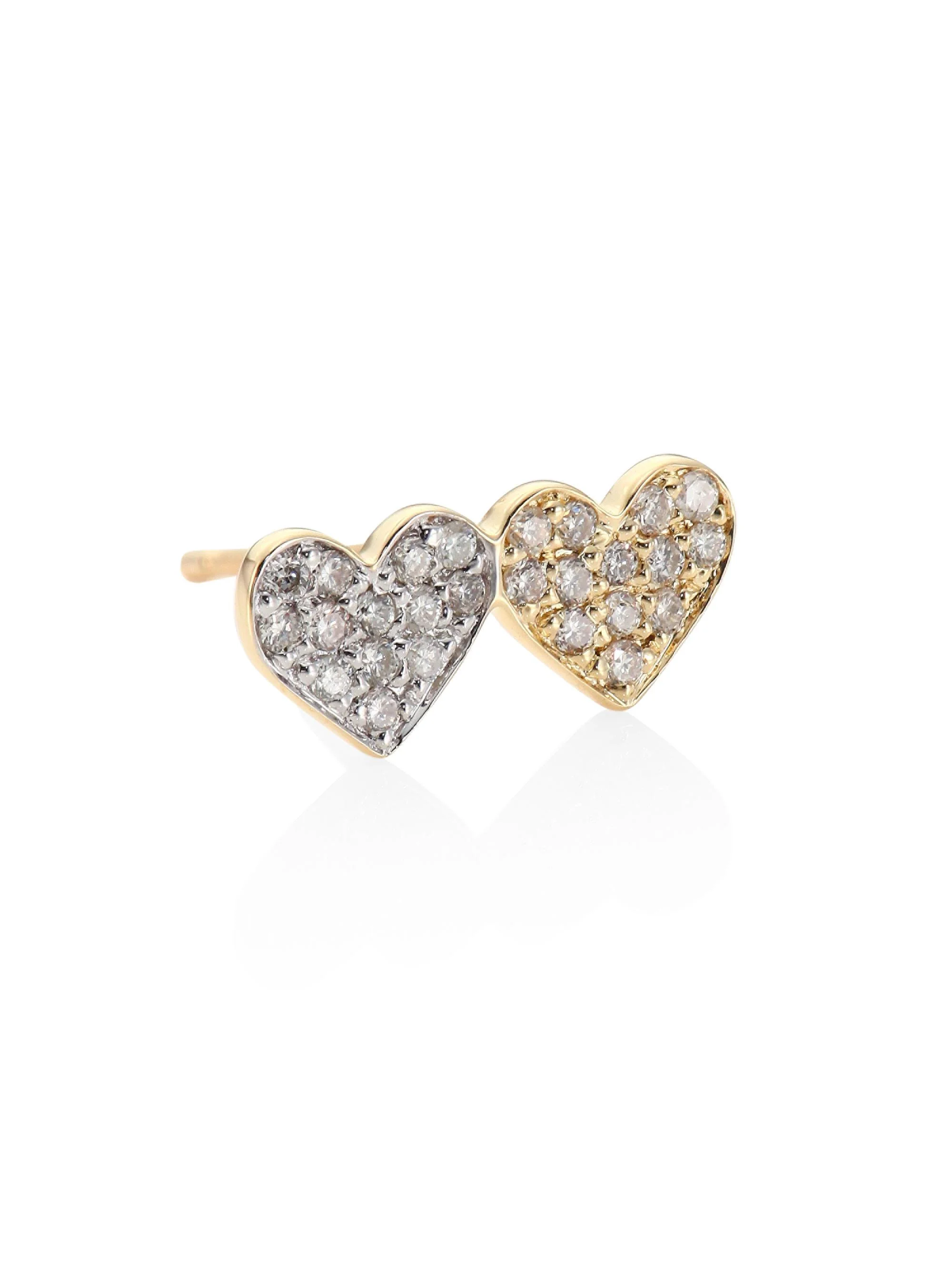 Women's Small Double Heart 14K Yellow Gold & Diamond Pavé Heart Single Earring Stud - Yellow White G - 1