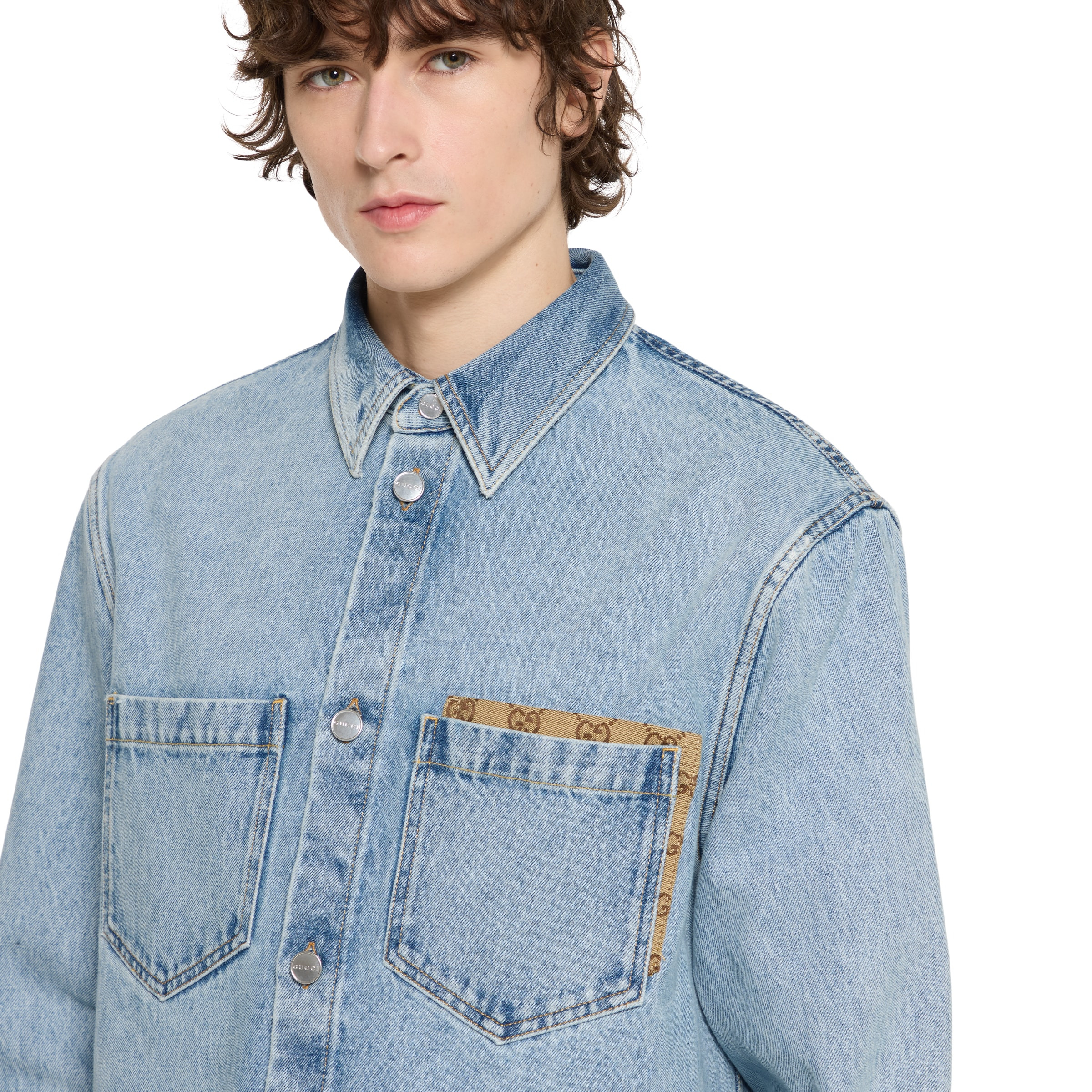 Washed denim shirt with GG insert - 5