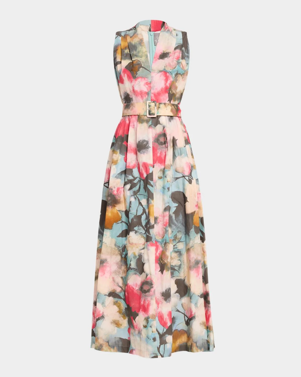 Floral-Print Cotton Sleeveless Midi Dress With Belt - 1