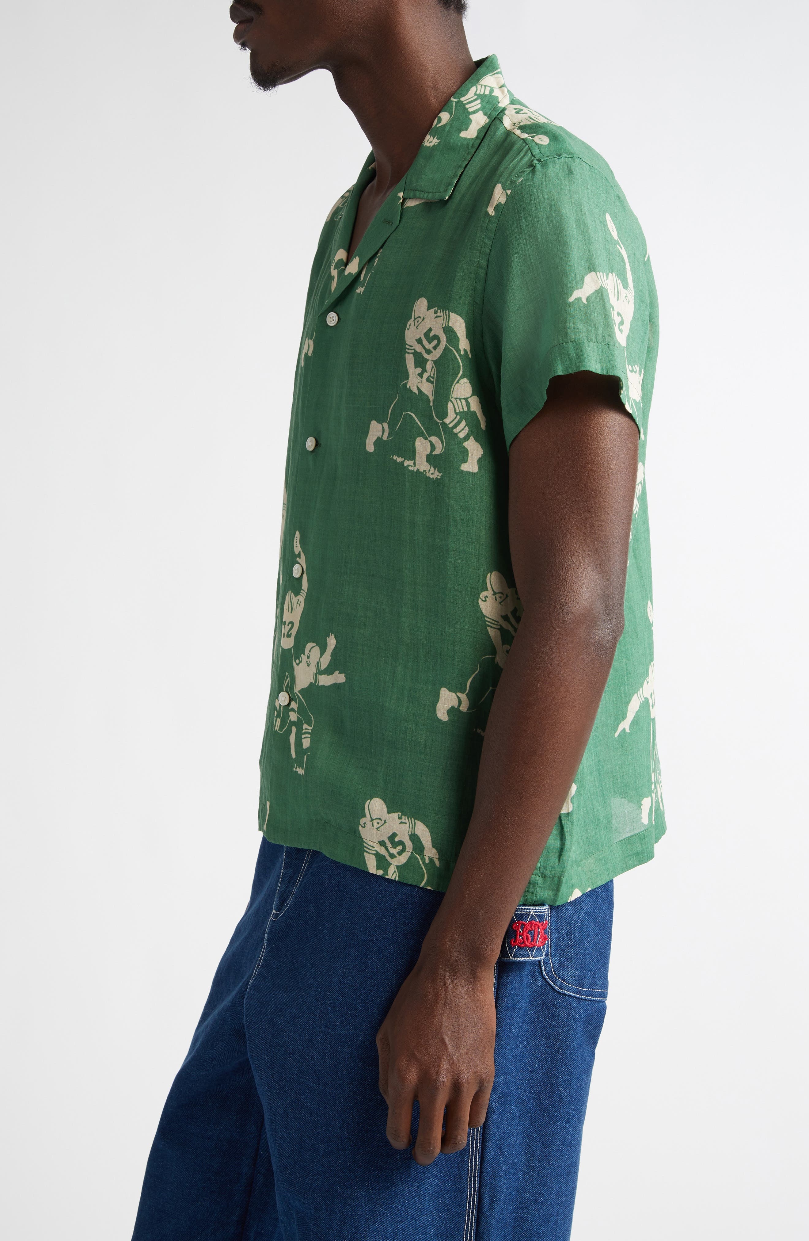 Bode Football Jacquard Linen Button-Up Shirt in Green Cream at Nordstrom - 3