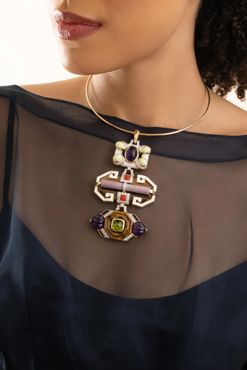 Tigers Eye Marble White Black Totem Pendant - 1