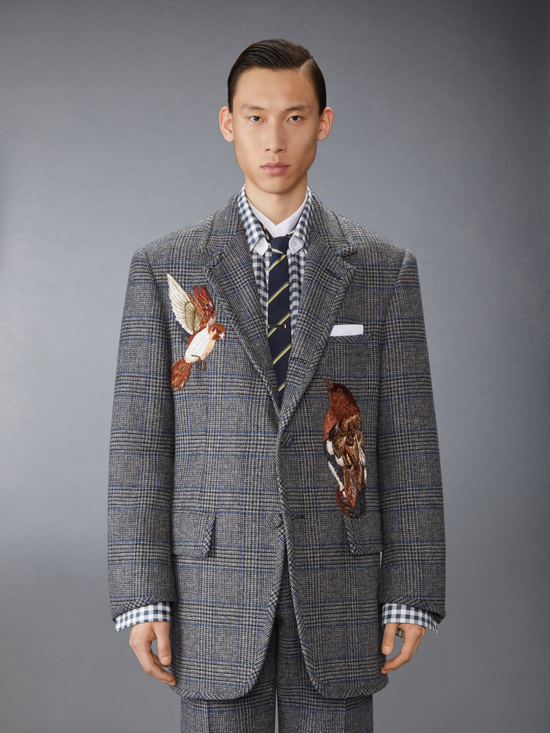 Thom Browne PRINCE OF WALES HUNTING TWEED BIRD APPLIQUE OVERSIZED JACKET outlook