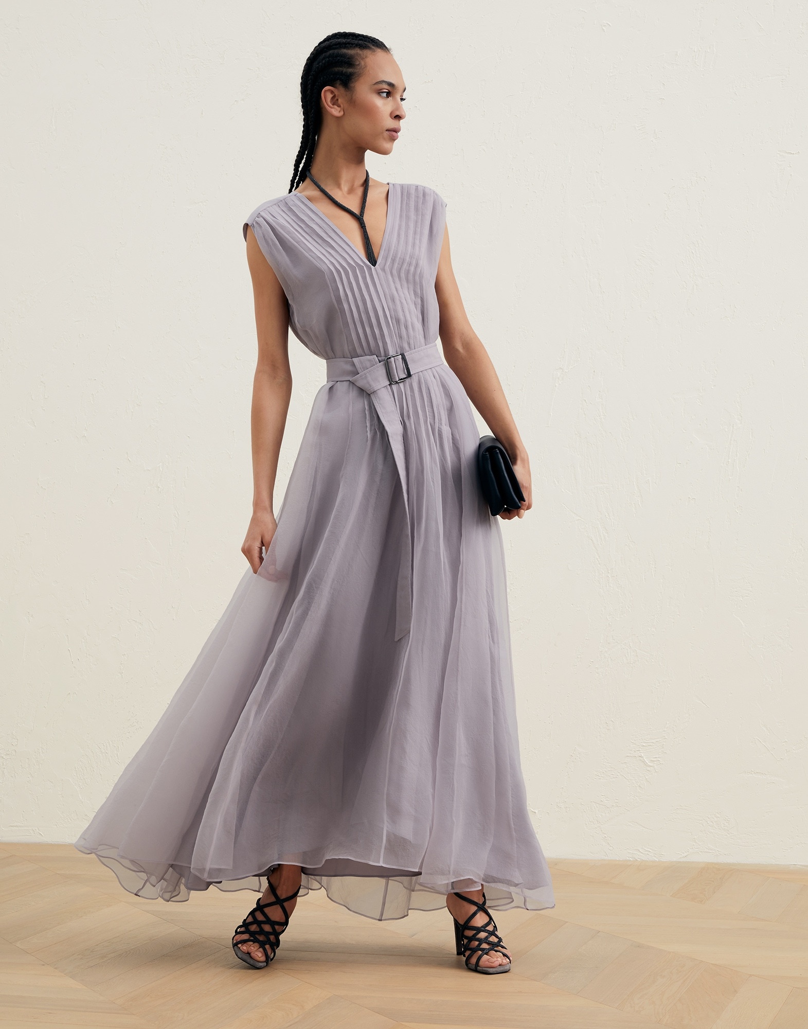 Crispy silk dress with shiny loop belt - 5