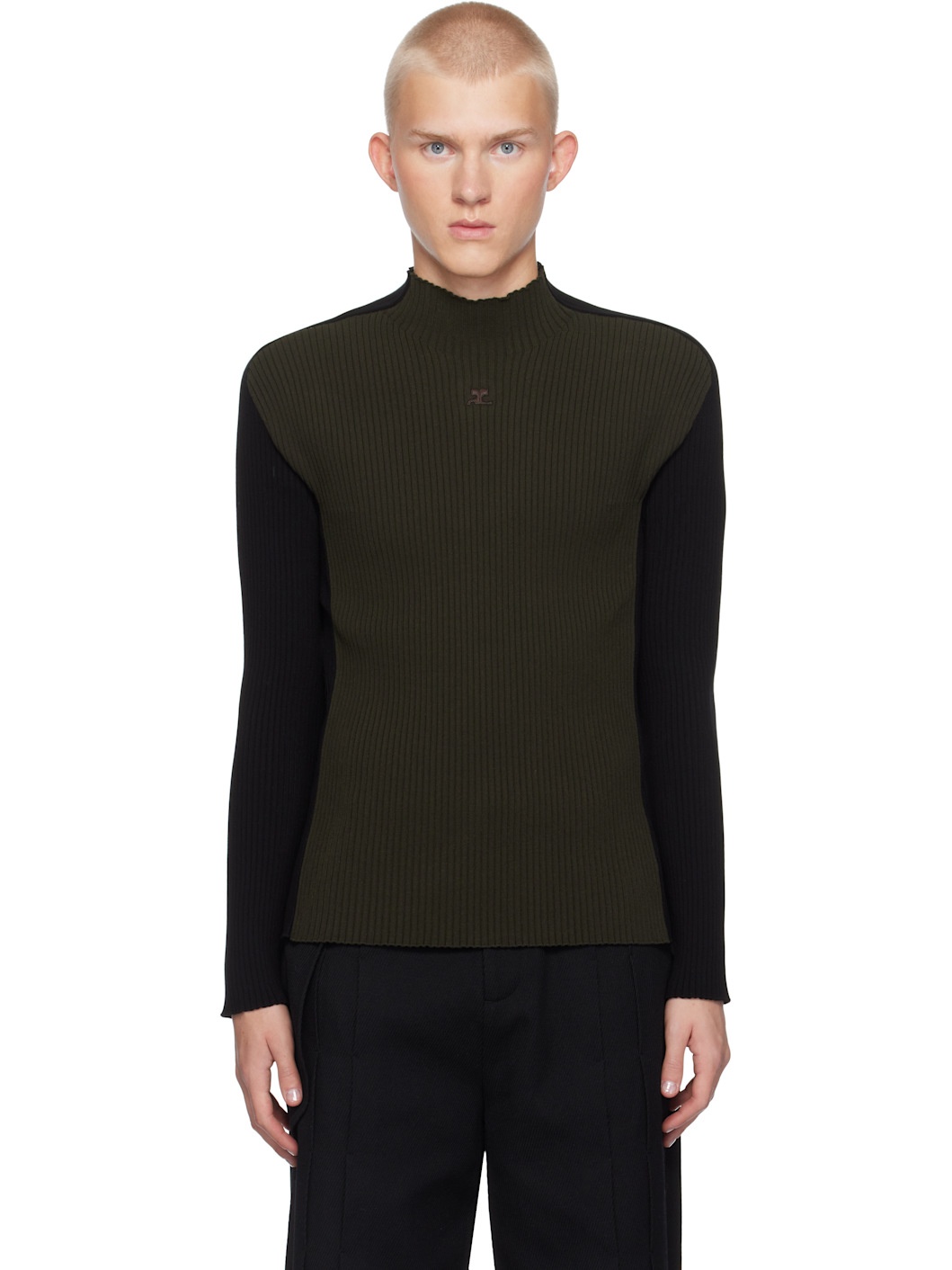 Brown & Black Contrast Frame Rib Knit Turtleneck - 1