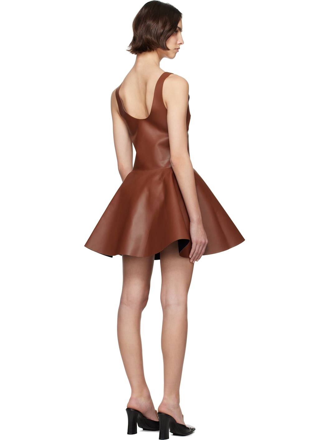 Brown Circle Skirt Leather Minidress - 3