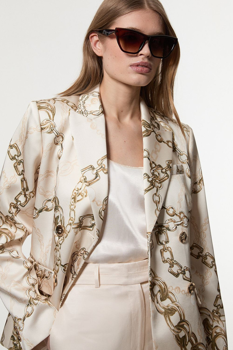 Structured Viscose Satin Chain Print Tailored Double Breasted Blazer 1