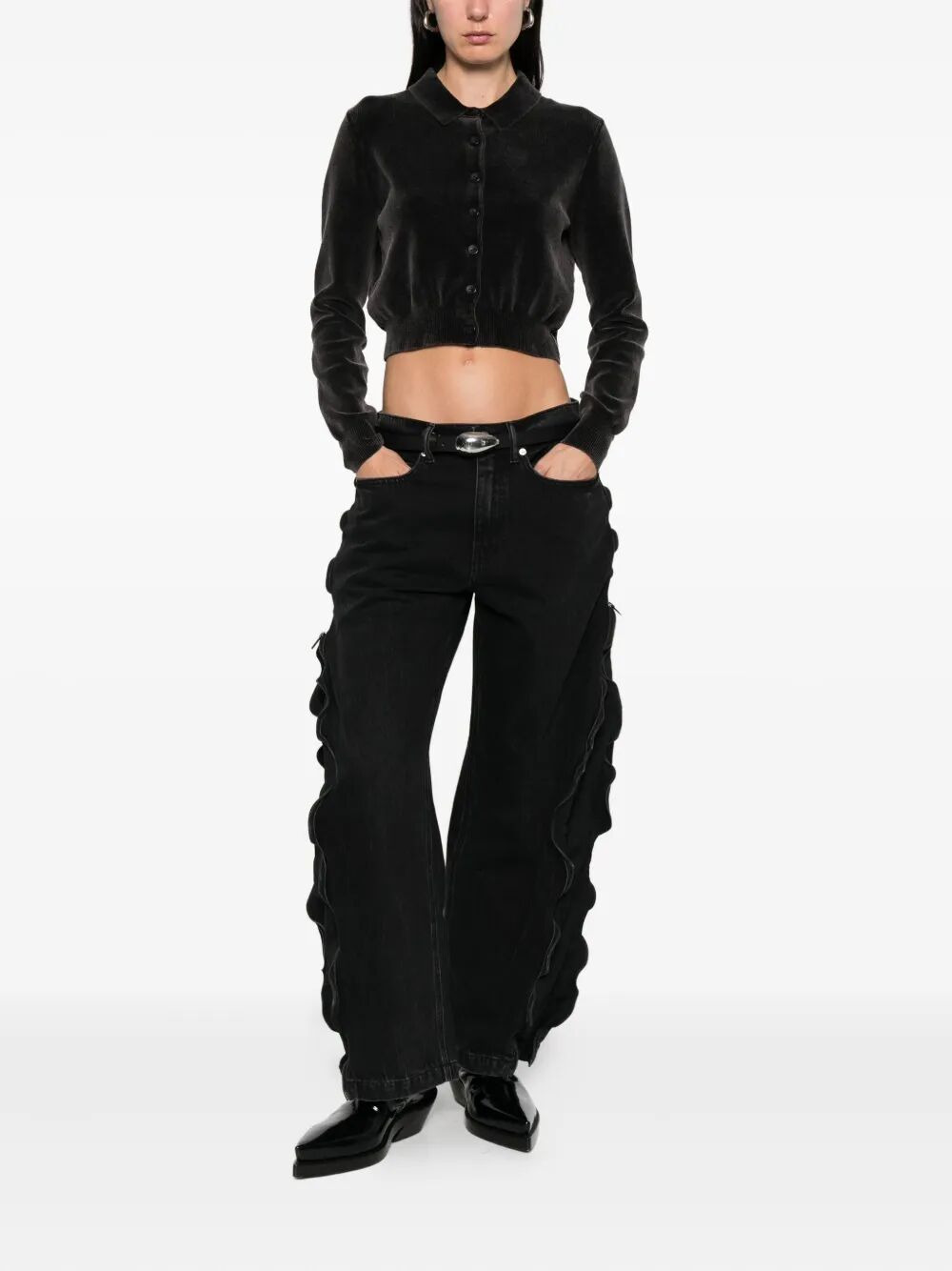 Cotton-Blend Chenille Cropped Polo Cardigan - 2