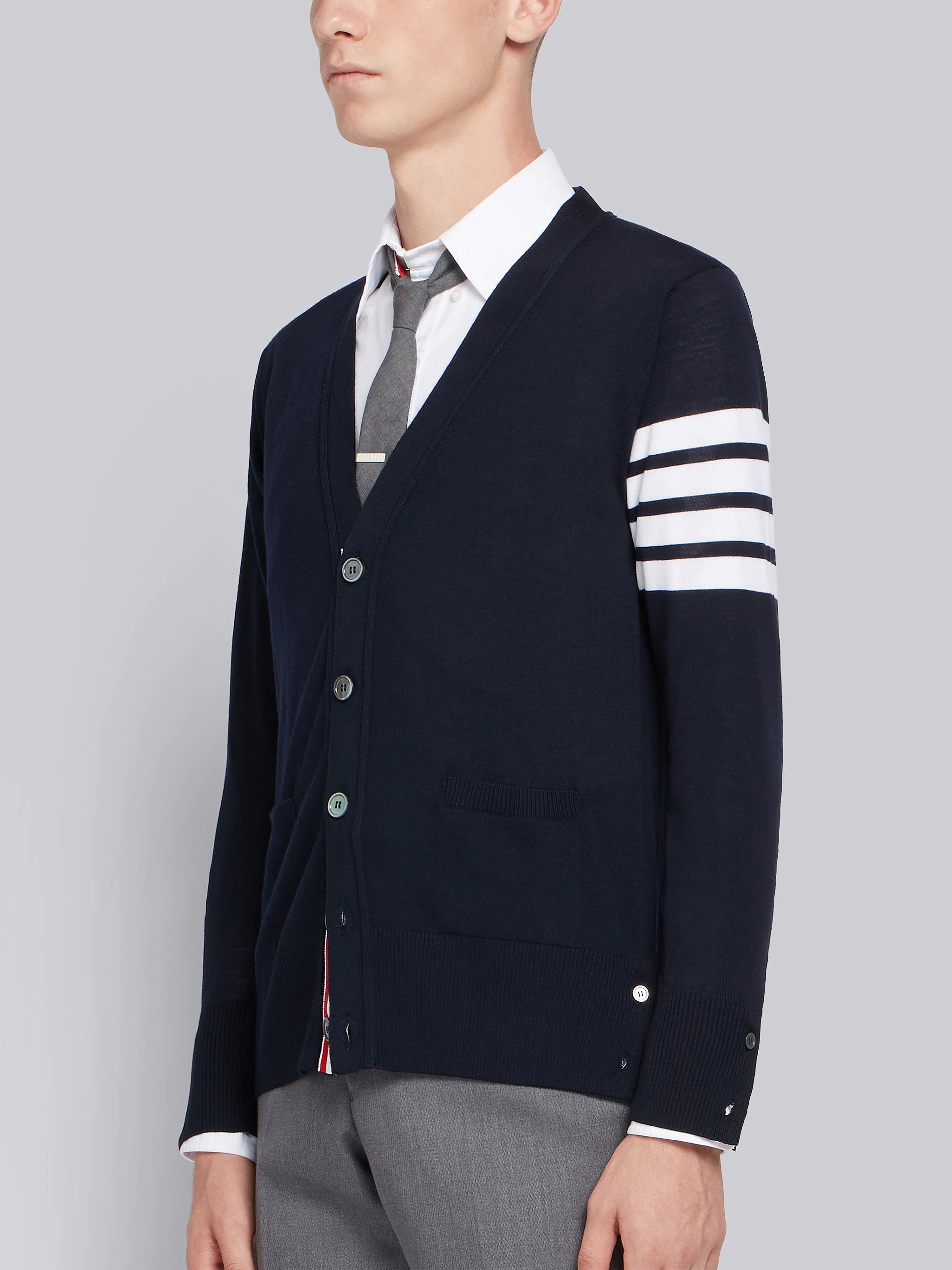 Thom Browne Navy Merino Wool Knit 4-Bar Classic V-Neck Cardigan