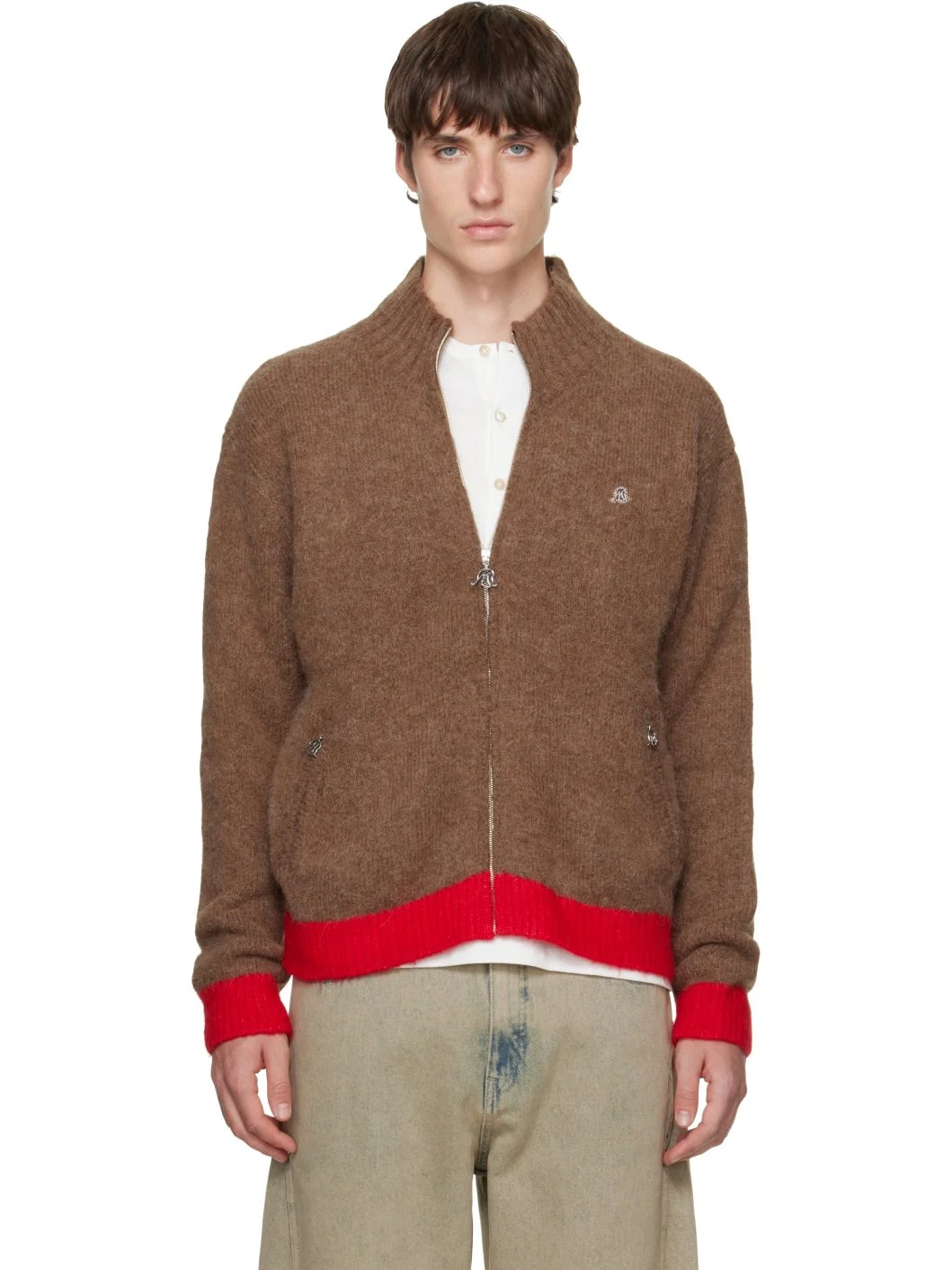 Brown Brushed Wool Zipped Cardigan - 1