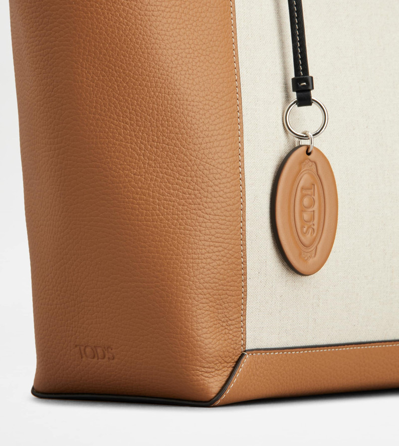 TOD'S DOUBLE UP SHOPPING BAG IN LEATHER AND CANVAS MEDIUM - BROWN, OFF WHITE 5
