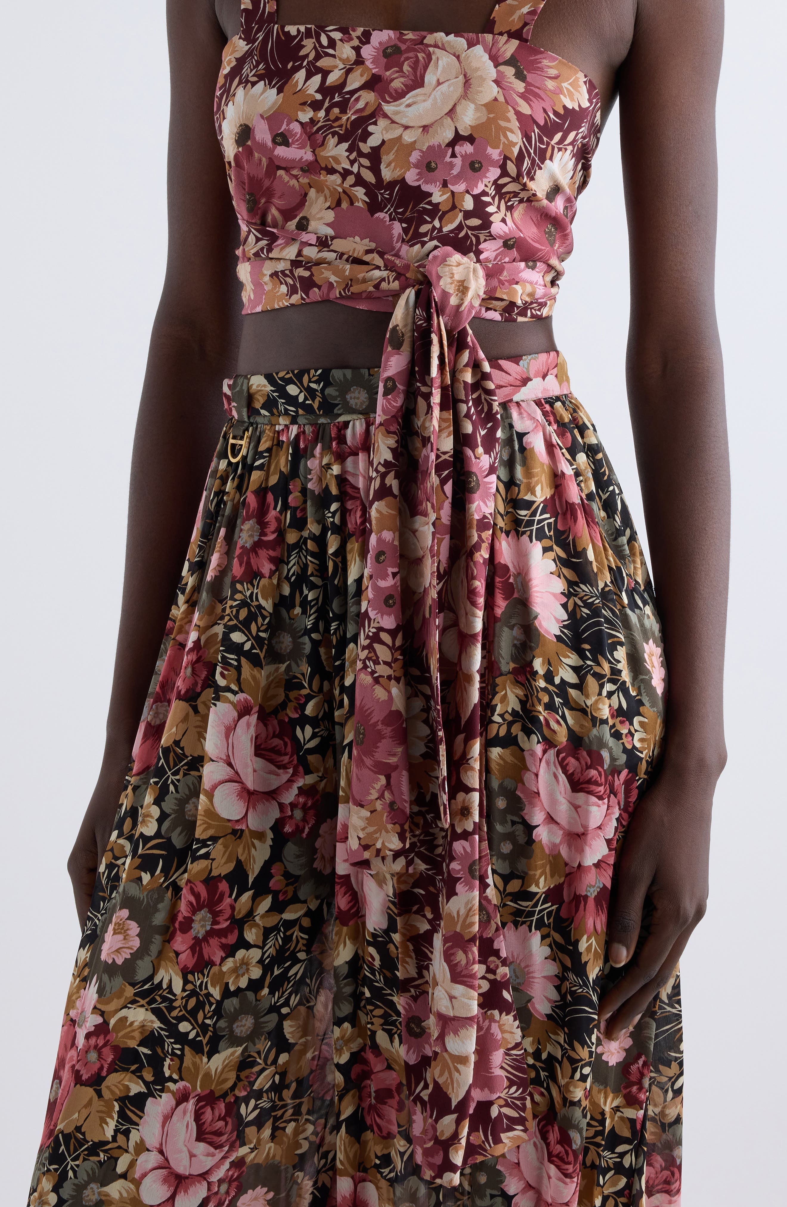 Chloé Floral Print Tie Front Silk Twill Crop Top in Maroon Pink at Nordstrom - 5