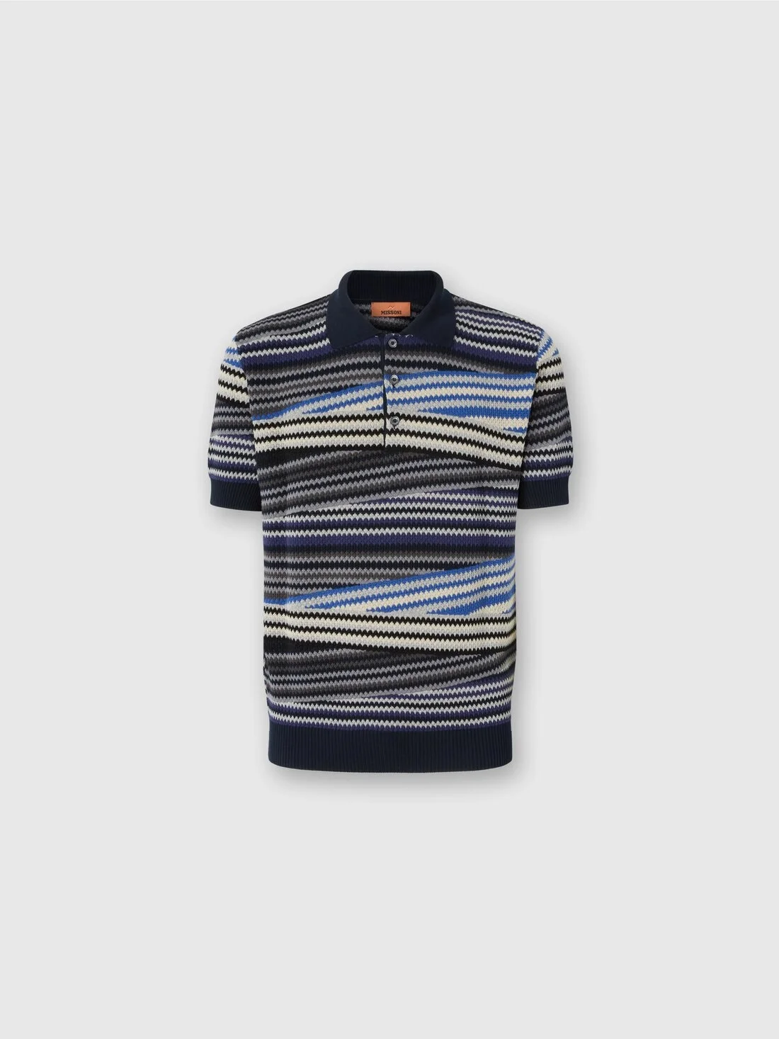 Short Sleeve Polo with Buttons and Striped Zigzag Pattern - 1