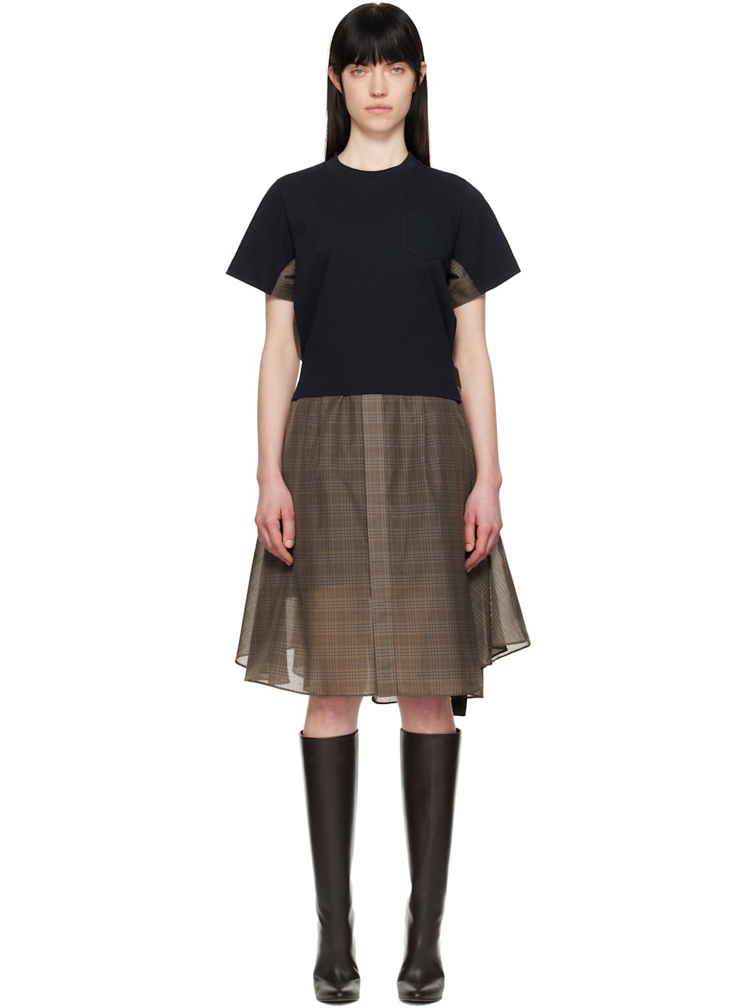 Navy & Brown Spun Organza & Cotton Jersey Midi Dress - 1