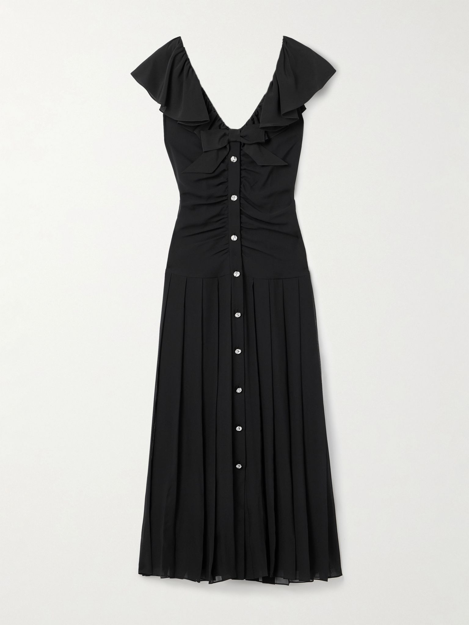 Embellished pleated gathered silk crepe de chine midi dress Black - 1