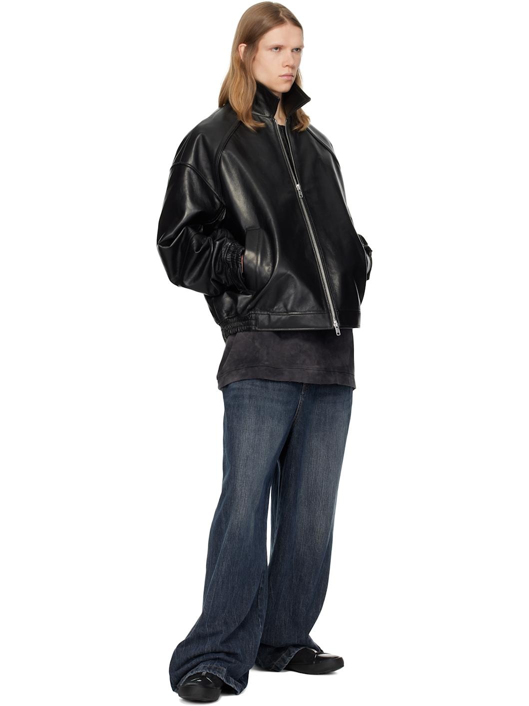 Juun. J Black Stand Collar Leather Aviator Jacket - 4