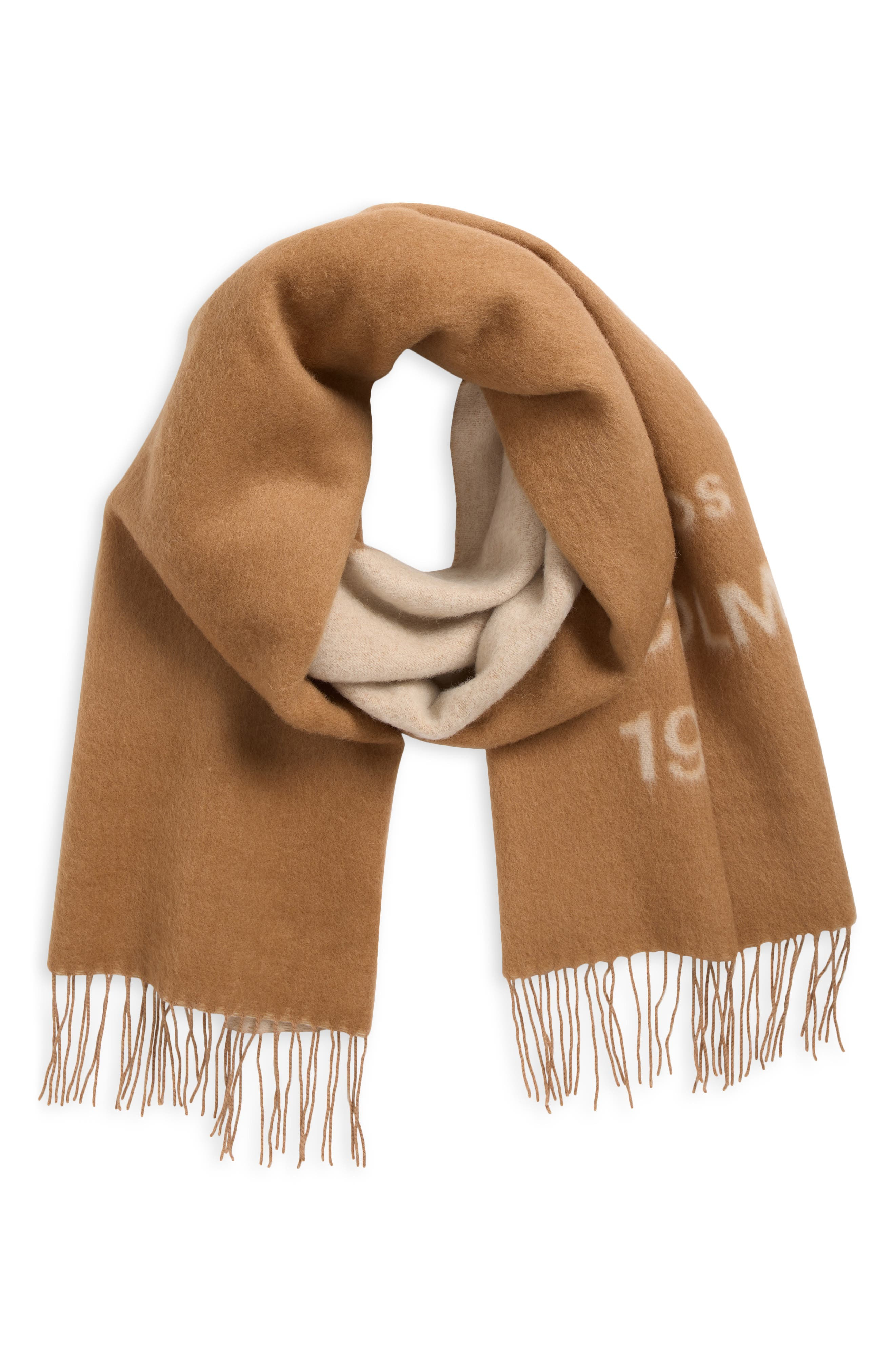 Acne Studios 1996 Logo Jacquard Double Face Wool Fringe Scarf in Camel/Ecru at Nordstrom - 3
