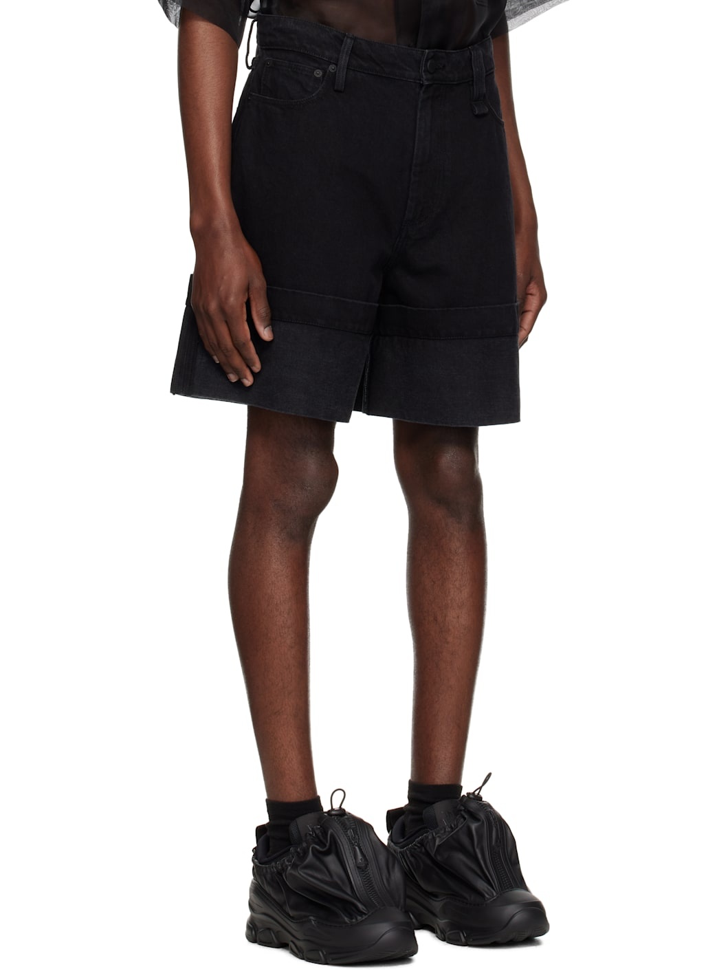 Black Wide Leg Puddle Denim Shorts - 2