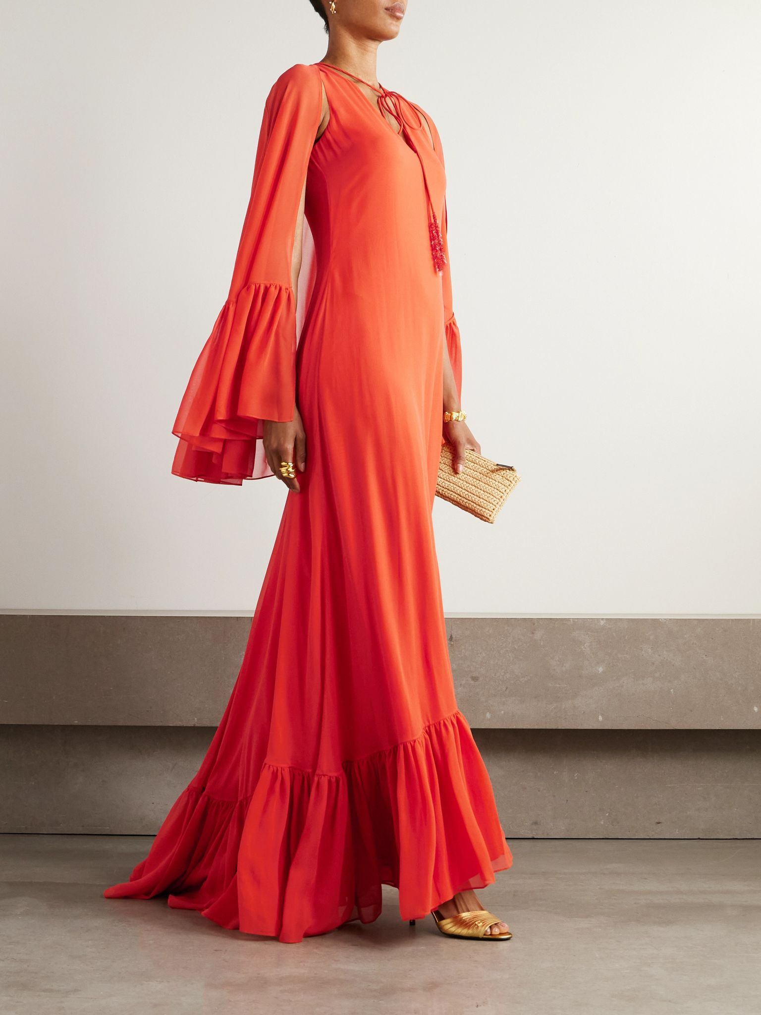 Cape-effect ruffled silk-georgette gown Coral - 2