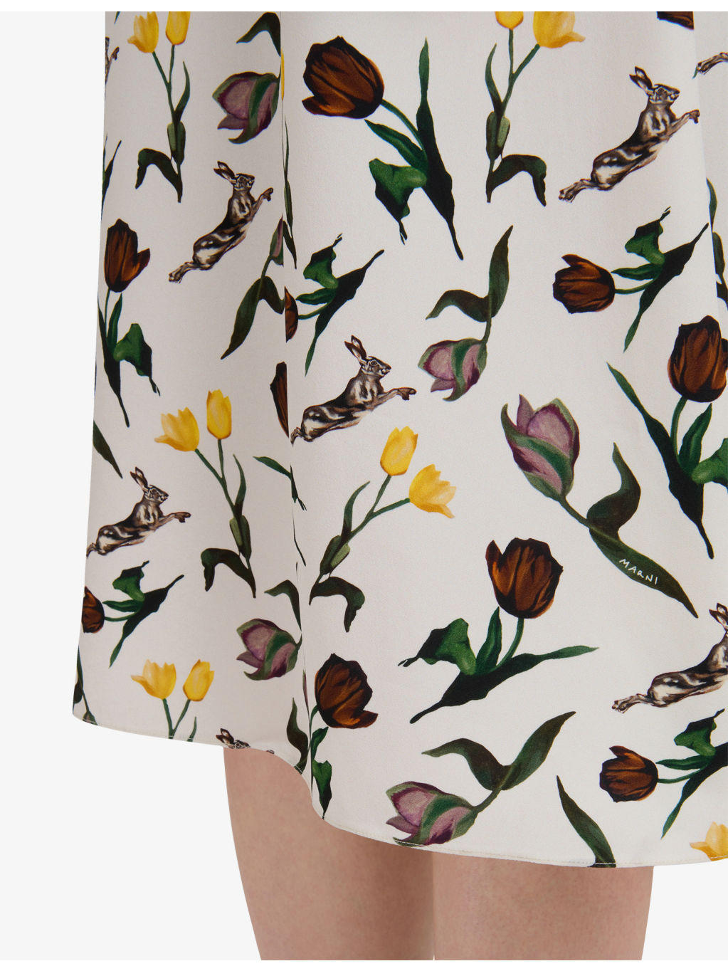 Floral and Hare-Print Ruffled-Trim Satin Midi Dress - 6