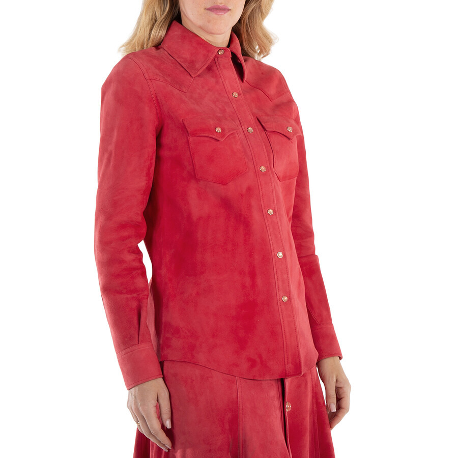 Chloe Scarlet Red Suede Long-Sleeve Shirt, Brand Size 36 (US Size 4) - 4