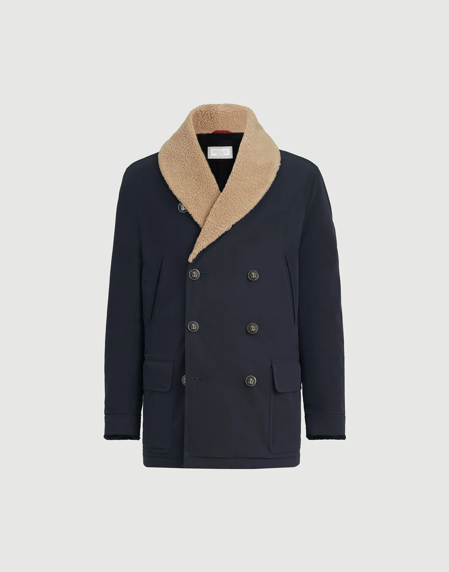 Bonded nylon double-breasted coat with shearling lining - 1