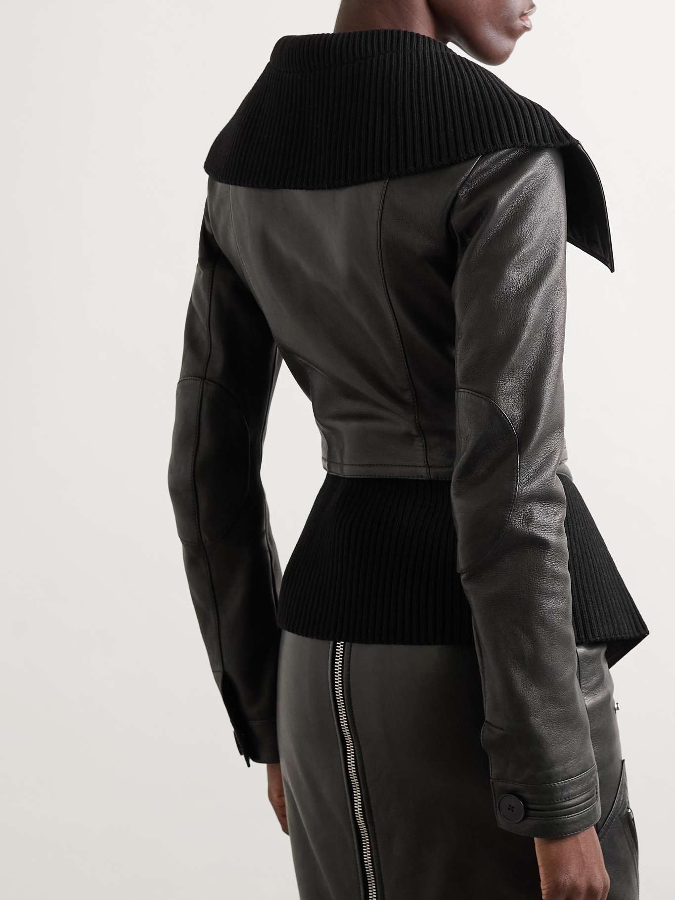 Paneled leather and ribbed cotton-blend jacket Black - 3