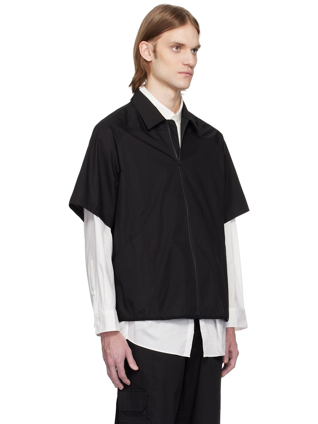 Black Poplin Zipped Short Sleeve Shirt - 2