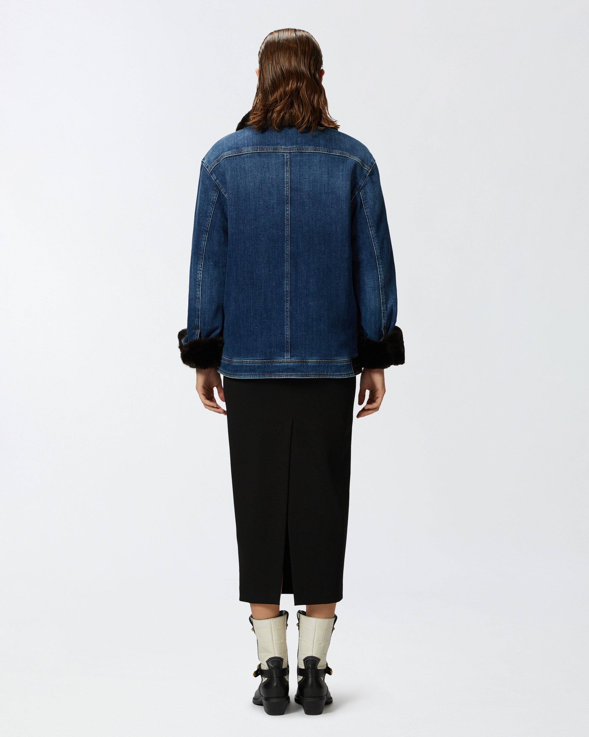 BLUE DENIM OVERSHIRT JACKET WITH FUR-EFFECT COLLAR - 4