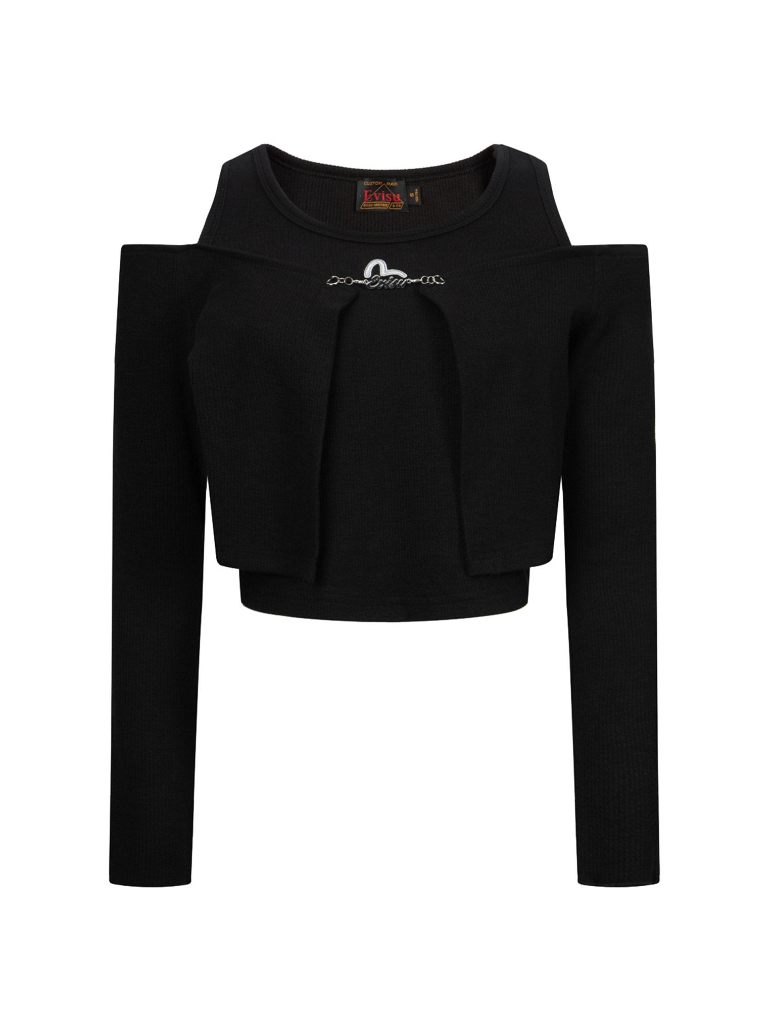 METAL LOGO TRIM OFF-SHOULDER AND FAUX TWO-PIECE FASHION FIT TOP - 12