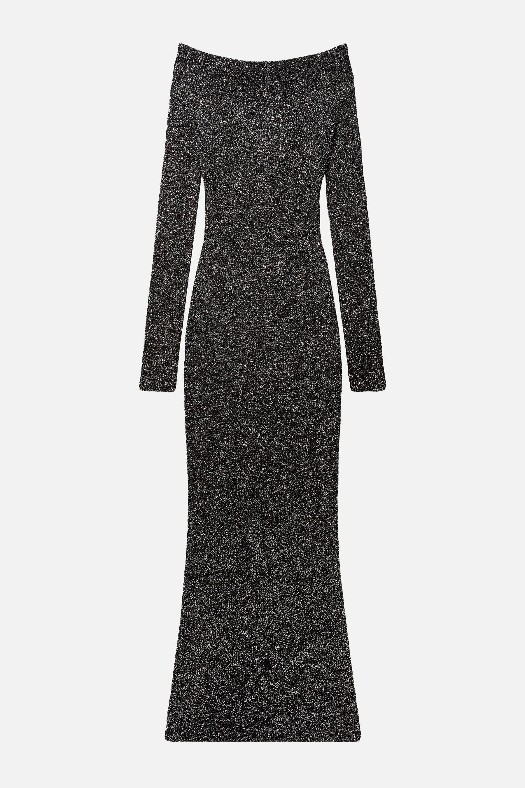 Long dress with exposed shoulders and sequins - 1