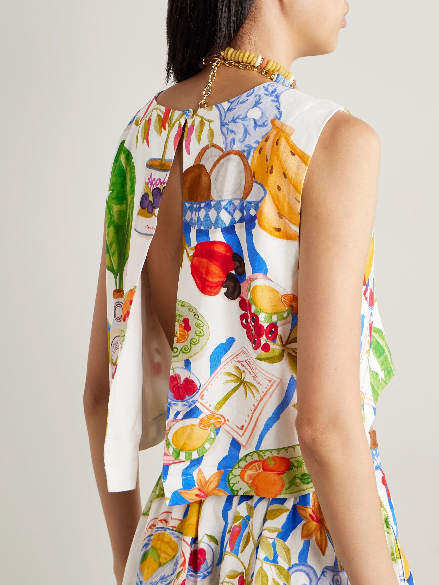 Cropped open-back printed linen-blend tank Multi - 3