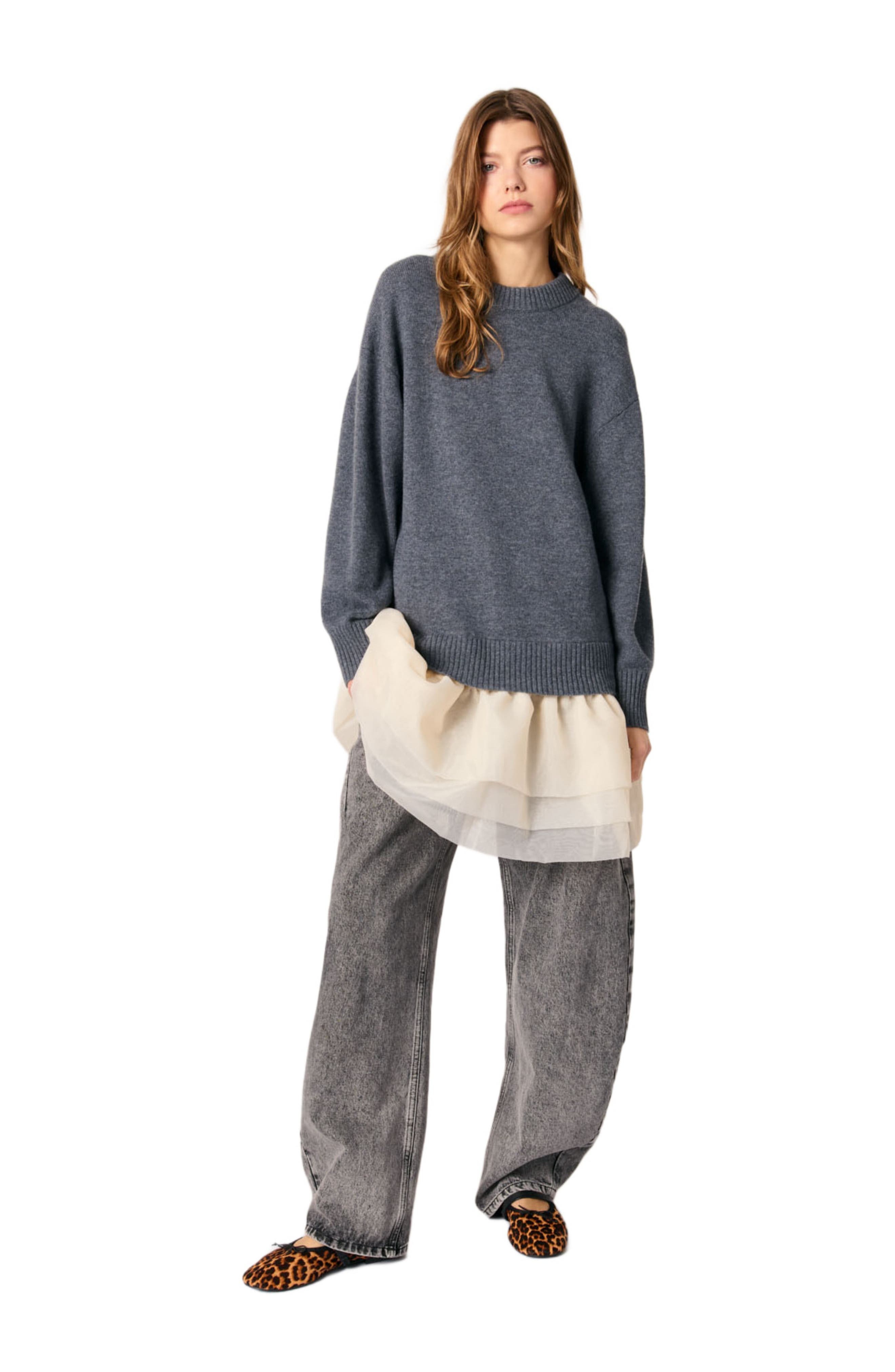 maje Wool and organza dual-fabric dress in Gray /Ecru at Nordstrom - 1