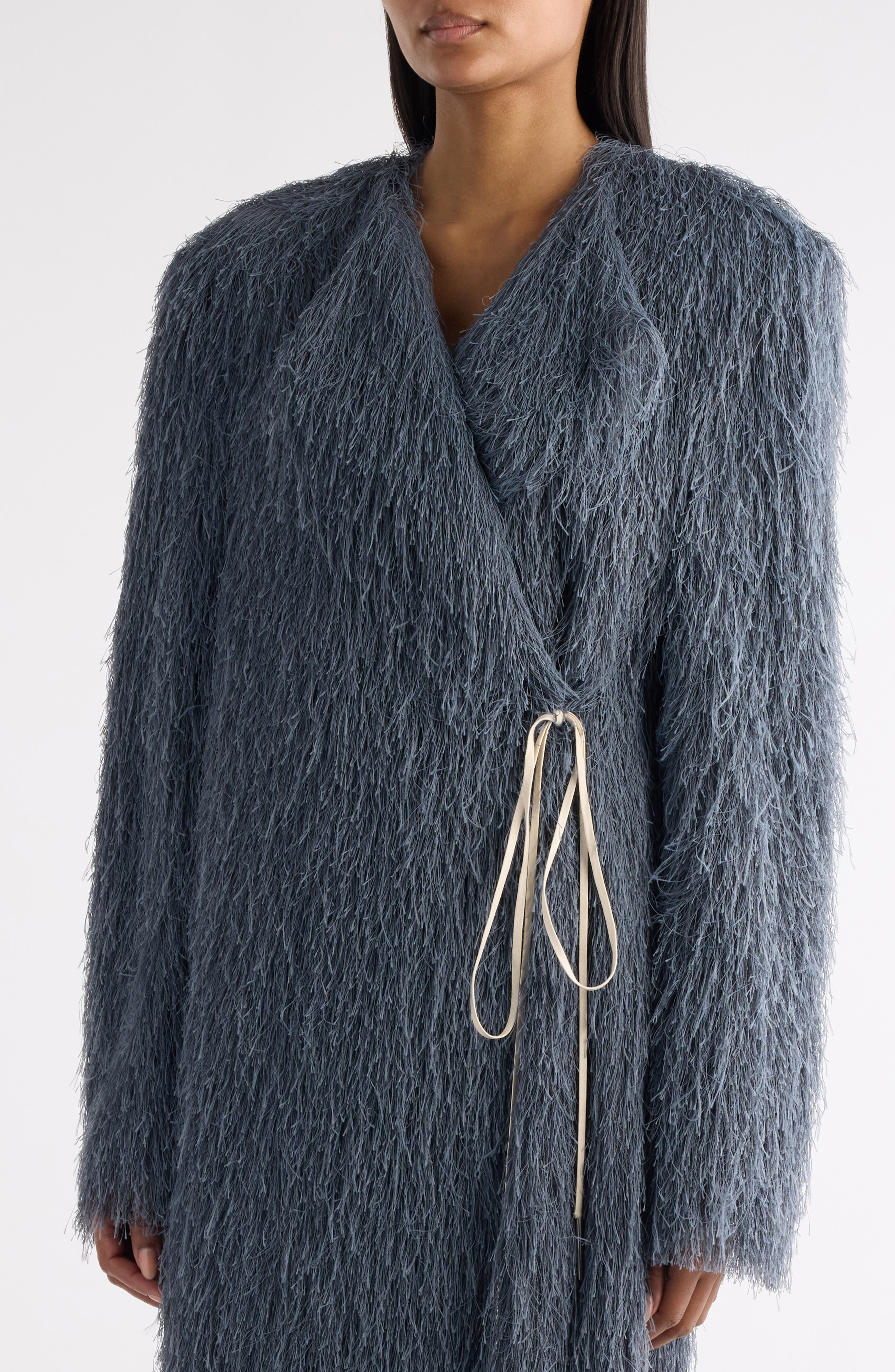 Dries Van Noten Rivla Eyelash Fringe Wrap Coat in Dark Grey at Nordstrom - 4