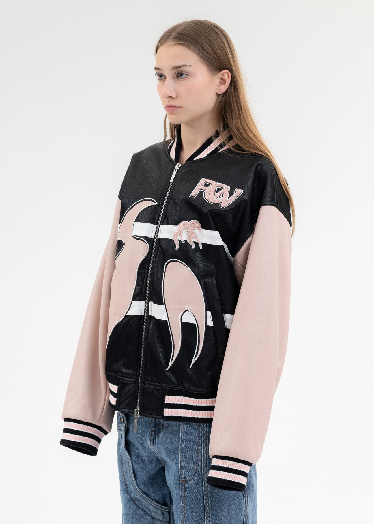 FENG CHEN WANG BLACK AND PINK BOMBER JACKET WITH PHOENIX