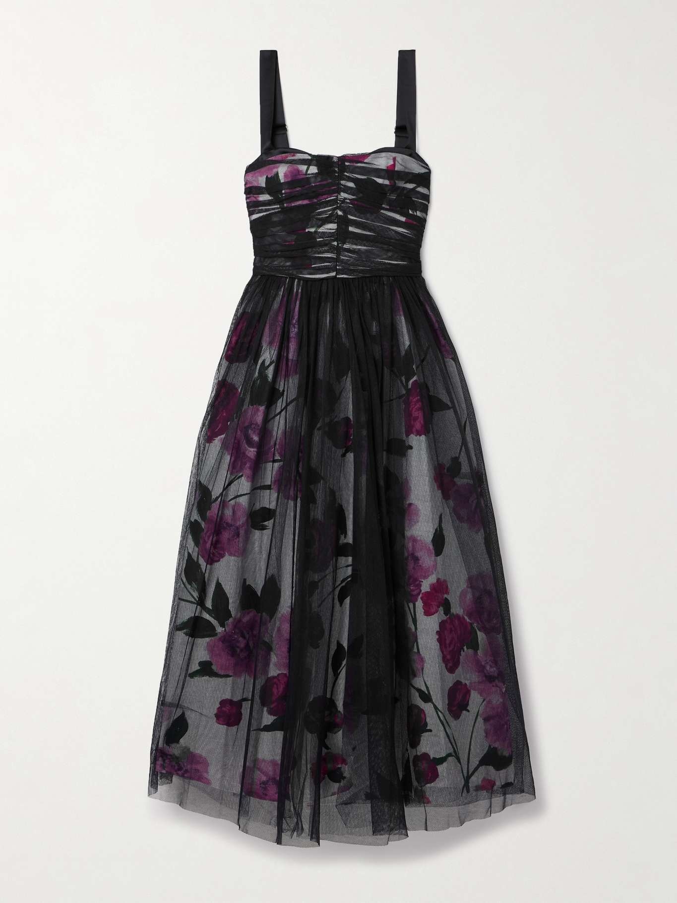 Layered ruched tulle and floral-print cotton-faille midi dress - 1