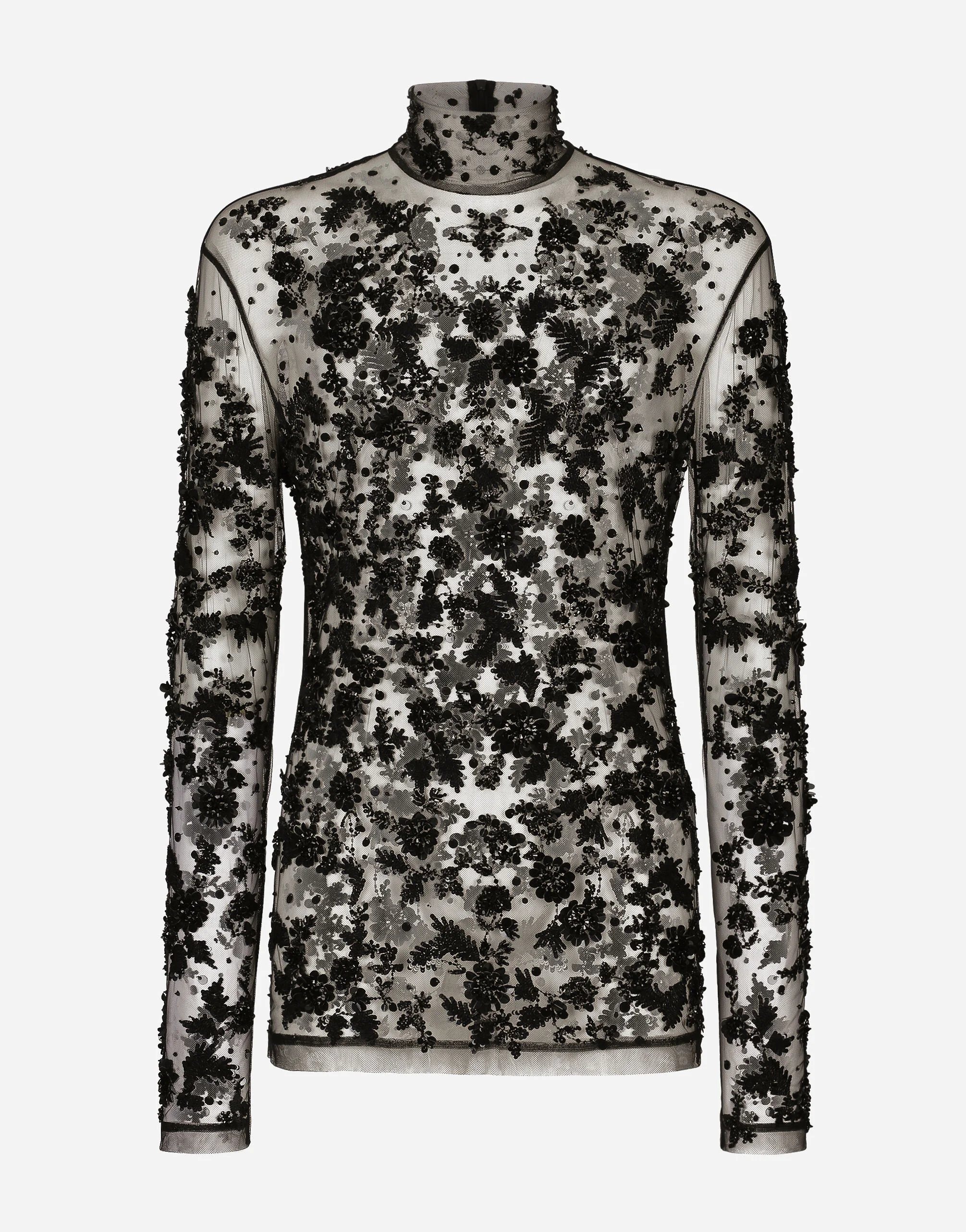 High-necked tulle T-shirt 와 sequined 세부사항 - 1