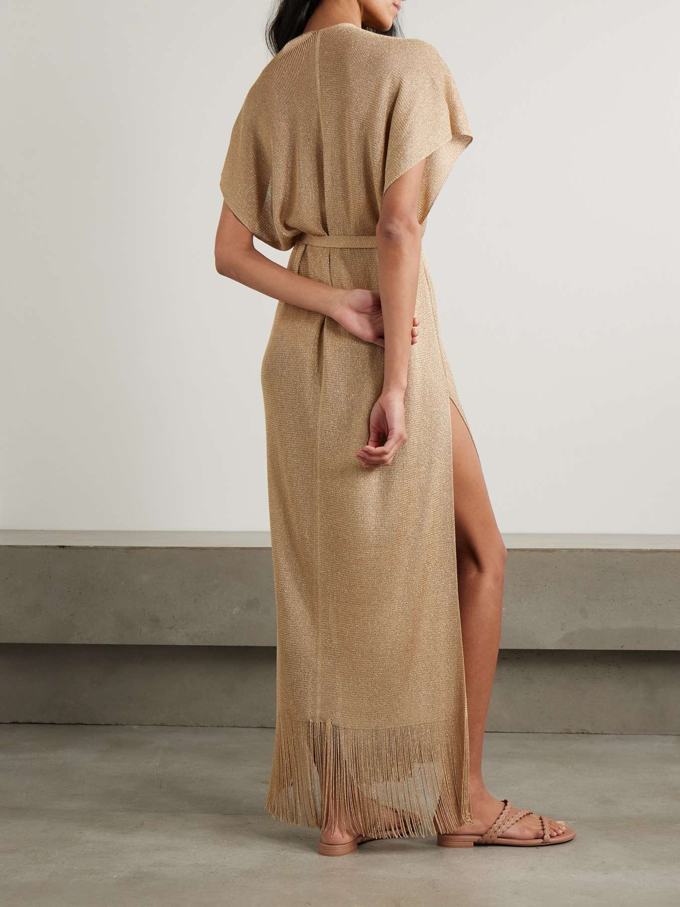 Zarelia belted fringed metallic knitted kaftan Brown - 3