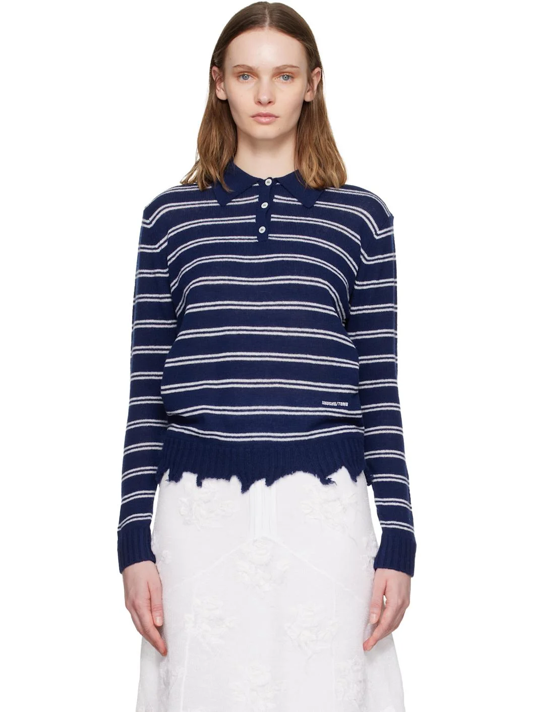 Navy & White Striped Long-Sleeve Knit Polo - 1