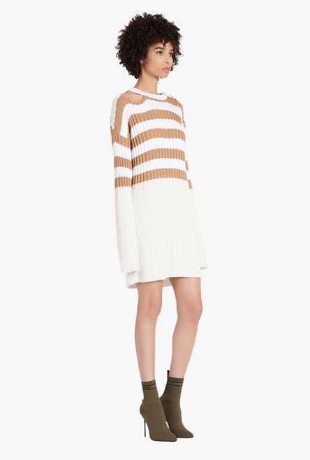 Ecru and sand-colored striped eco-designed wool dress - 7