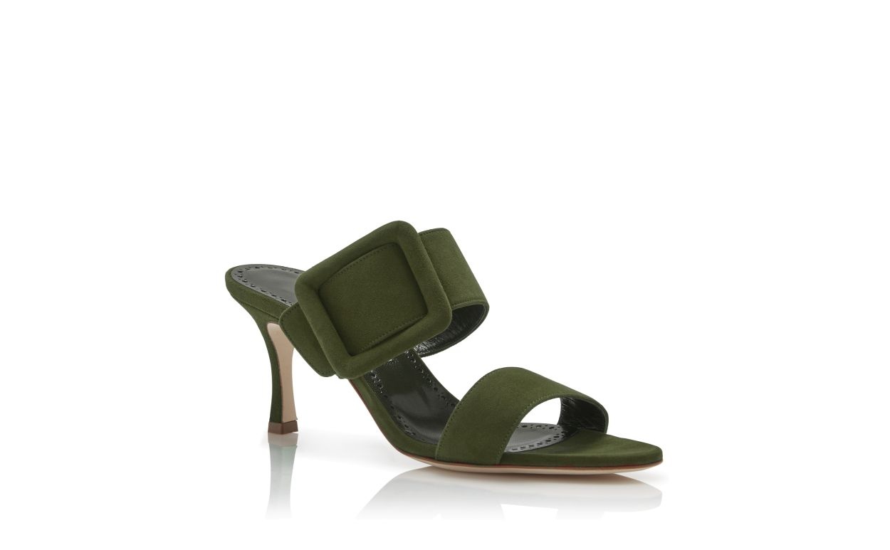 Dark Khaki Green Suede Open Toe Mules - 3