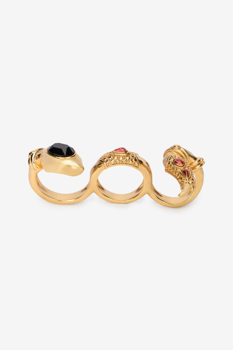 Three-Finger Golden Ring With Black Stones And Ruby 1
