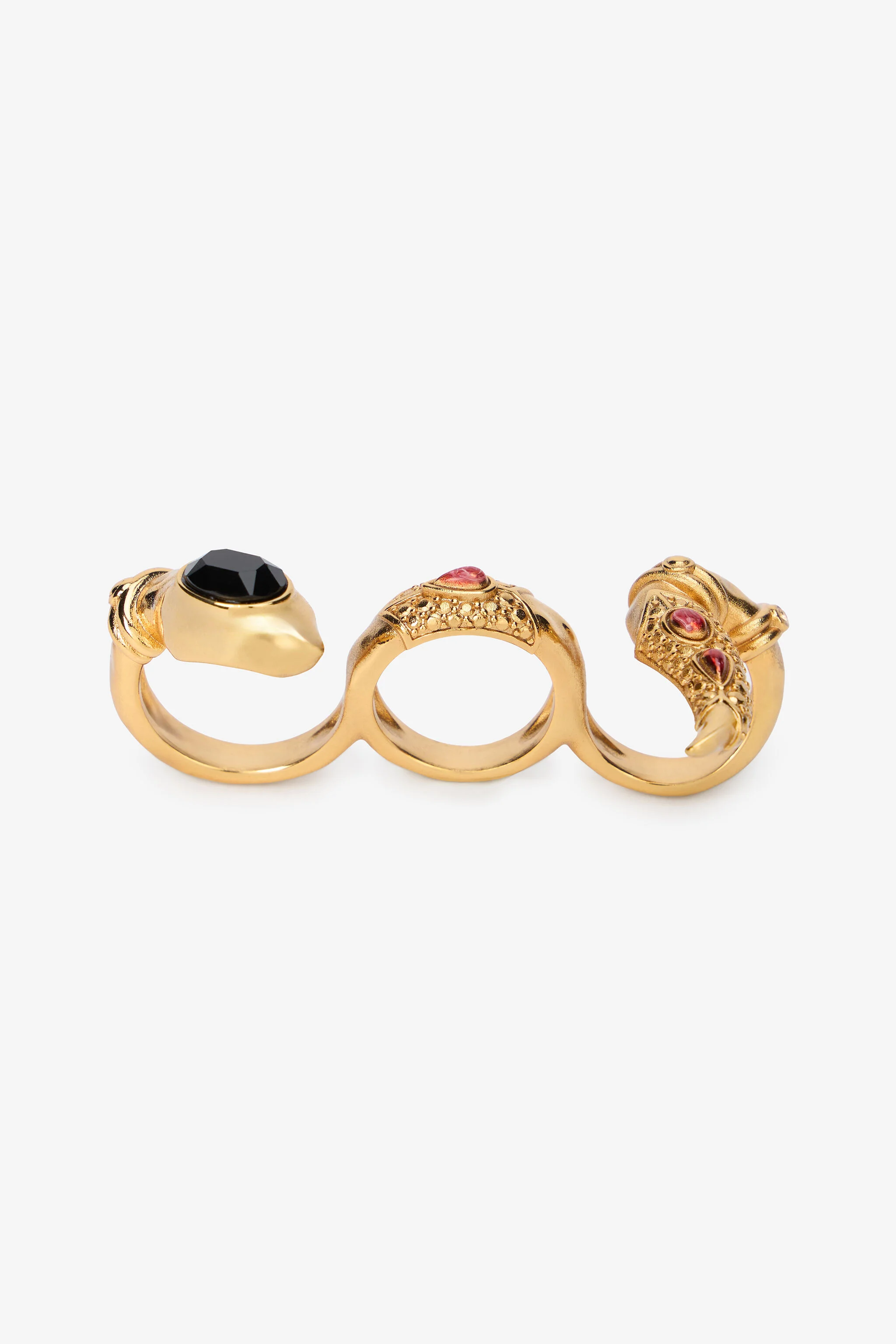 Three-Finger Golden Ring With Black Stones And Ruby - 1