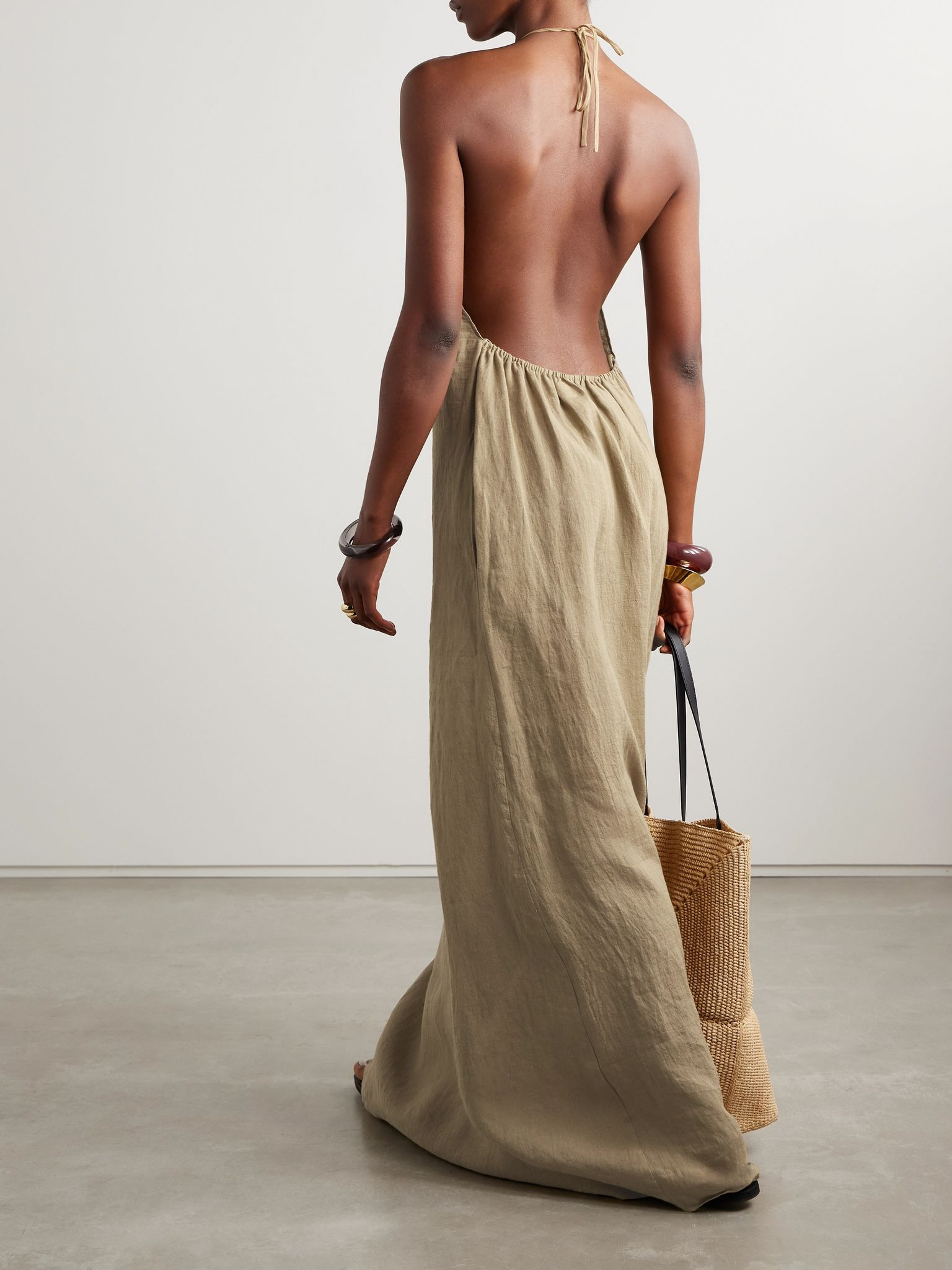 Lelia open-back linen-voile halterneck maxi dress Beige - 2