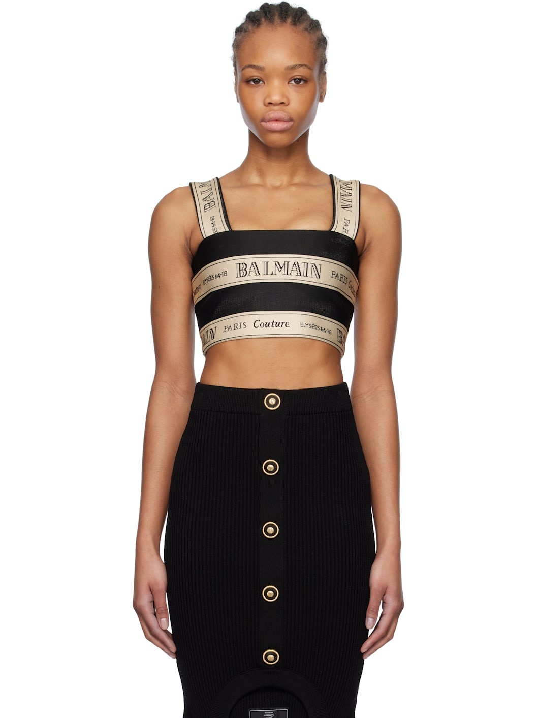 Black & Off-White 'Balmain' Ribbon Jacquard Crop Top - 1